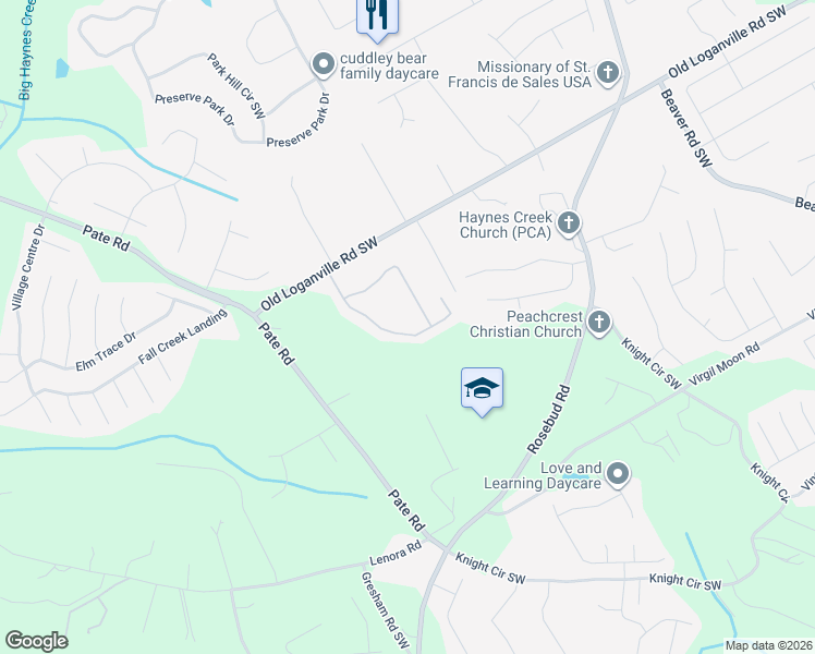 map of restaurants, bars, coffee shops, grocery stores, and more near 4072 Oak Field Drive in Loganville