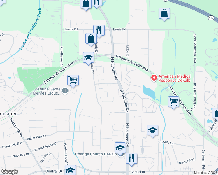 map of restaurants, bars, coffee shops, grocery stores, and more near 1411 Stonegate Place in Stone Mountain