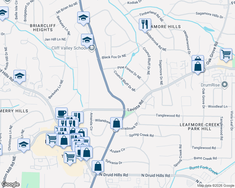 map of restaurants, bars, coffee shops, grocery stores, and more near 1381 Council Bluff Drive Northeast in Atlanta