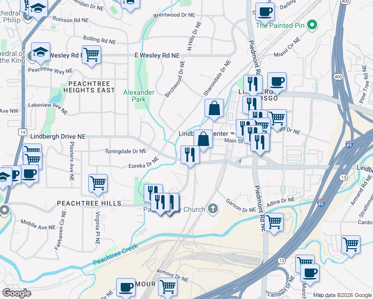 map of restaurants, bars, coffee shops, grocery stores, and more near 430 Lindbergh Drive Northeast in Atlanta