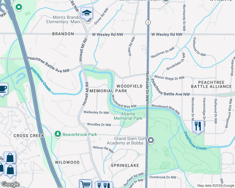 map of restaurants, bars, coffee shops, grocery stores, and more near 741 Woodward Way Northwest in Atlanta