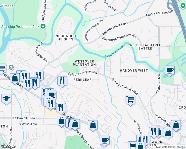 map of restaurants, bars, coffee shops, grocery stores, and more near 2564 Defoors Ferry Road Northwest in Atlanta