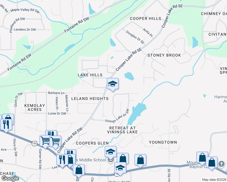 map of restaurants, bars, coffee shops, grocery stores, and more near 5336 Vinings Lake View Southwest in Mableton