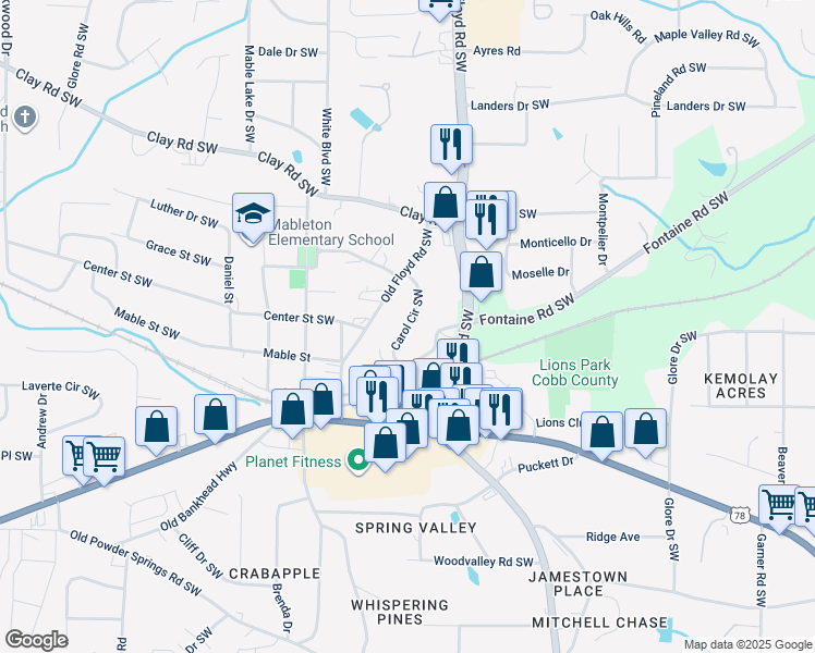 map of restaurants, bars, coffee shops, grocery stores, and more near 5417 Carol Circle Southwest in Mableton