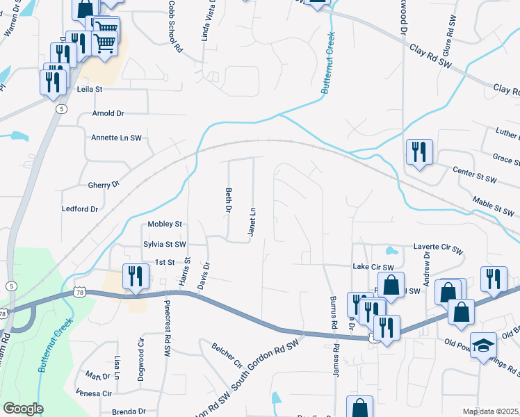 map of restaurants, bars, coffee shops, grocery stores, and more near 5413 Janet Lane in Austell