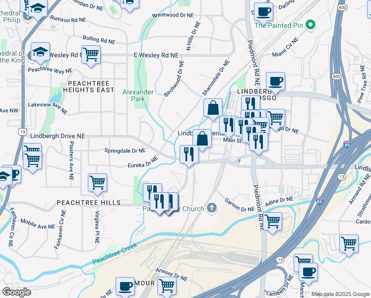 map of restaurants, bars, coffee shops, grocery stores, and more near 430 Lindbergh Drive Northeast in Atlanta