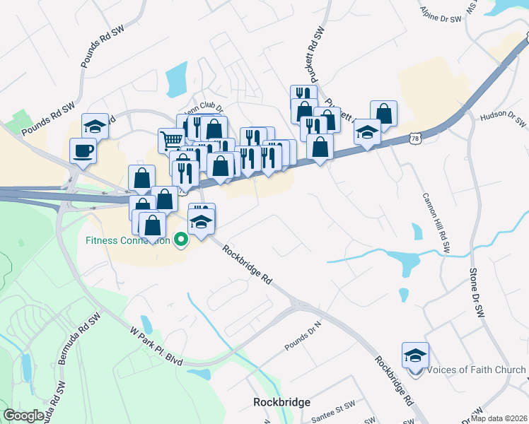 map of restaurants, bars, coffee shops, grocery stores, and more near 5191 Vivid Drive Southwest in Stone Mountain