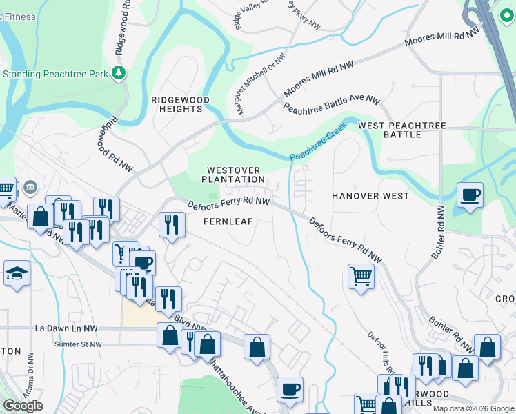 map of restaurants, bars, coffee shops, grocery stores, and more near 2564 Defoors Ferry Road Northwest in Atlanta
