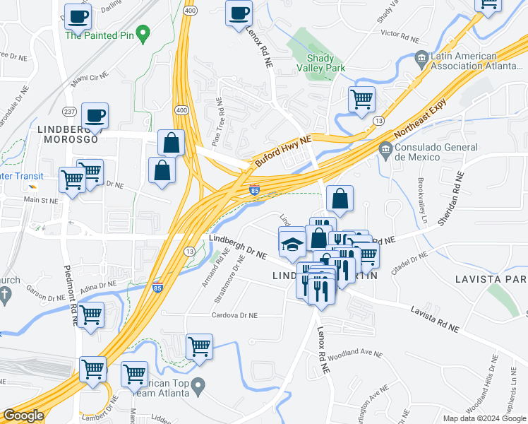 map of restaurants, bars, coffee shops, grocery stores, and more near 1016 Lindridge Drive Northeast in Atlanta