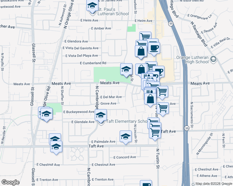 map of restaurants, bars, coffee shops, grocery stores, and more near 2024 North Lindenholz Street in Orange