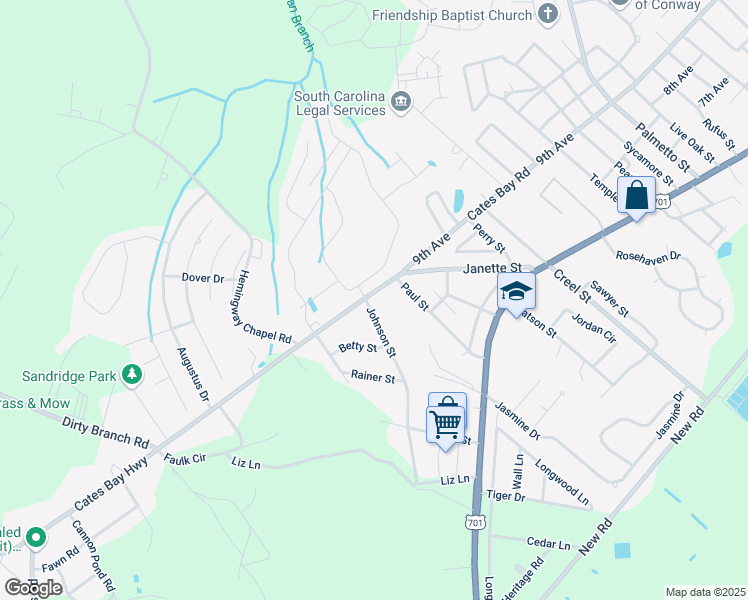 map of restaurants, bars, coffee shops, grocery stores, and more near 3301 Cates Bay Highway in Conway