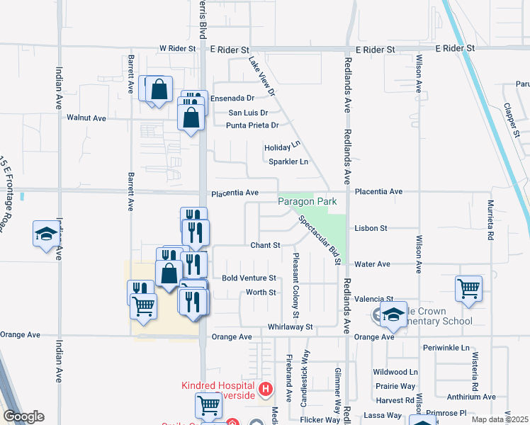 map of restaurants, bars, coffee shops, grocery stores, and more near 186 Sunny Halo Court in Perris