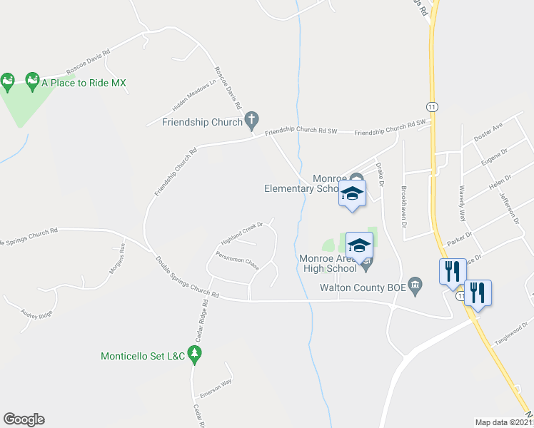 map of restaurants, bars, coffee shops, grocery stores, and more near 2103 Sourwood Court in Monroe