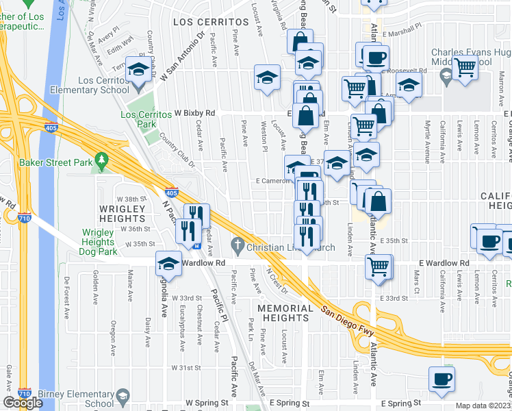 map of restaurants, bars, coffee shops, grocery stores, and more near 106 East 36th Street in Long Beach