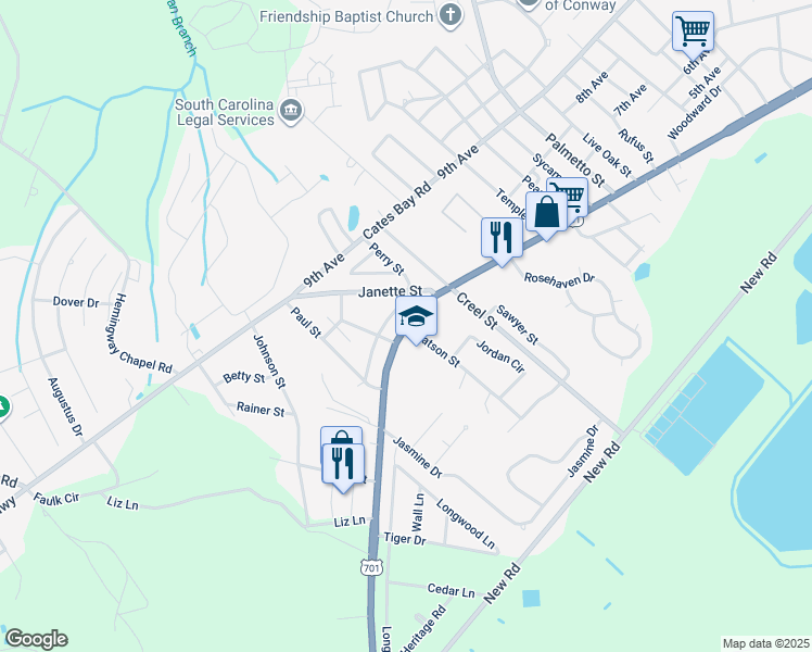 map of restaurants, bars, coffee shops, grocery stores, and more near 3001 4th Avenue in Conway