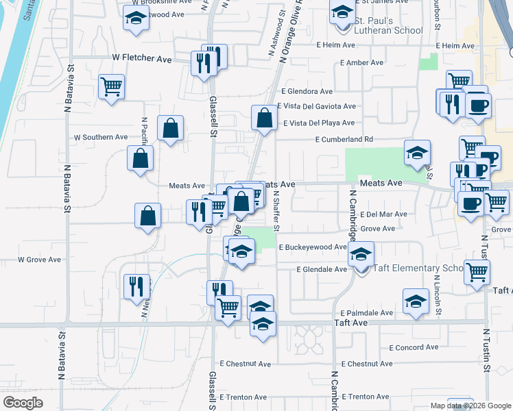 map of restaurants, bars, coffee shops, grocery stores, and more near 2047 North Orange Olive Road in Orange