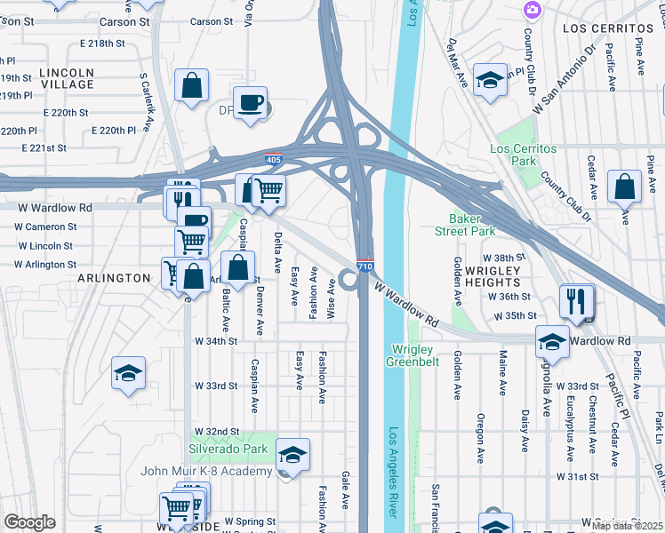 map of restaurants, bars, coffee shops, grocery stores, and more near 1299 West Cameron Street in Long Beach