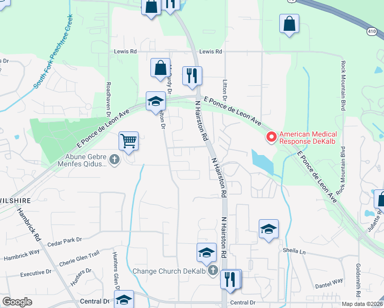 map of restaurants, bars, coffee shops, grocery stores, and more near 1411 Stonegate Place in Stone Mountain
