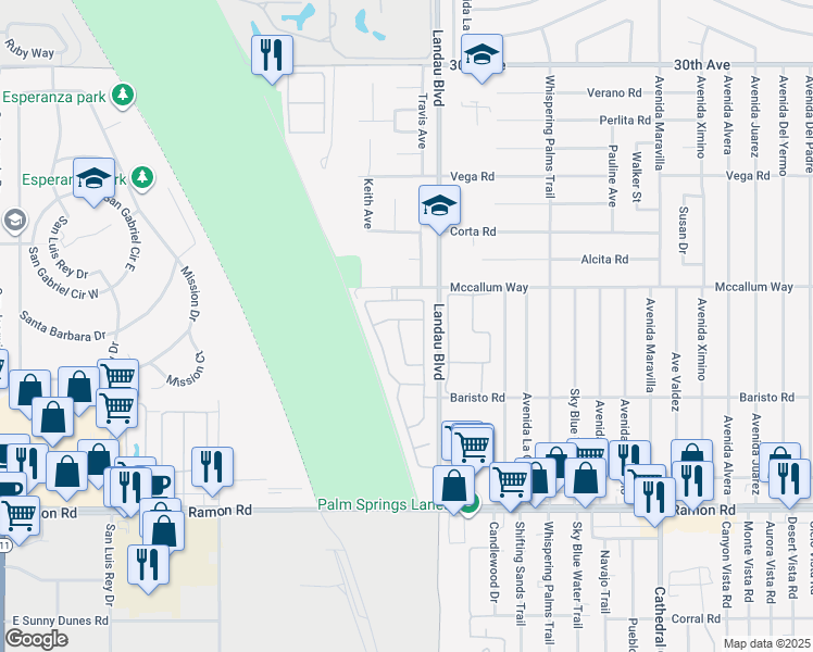 map of restaurants, bars, coffee shops, grocery stores, and more near 67883 Via Estrella in Cathedral City