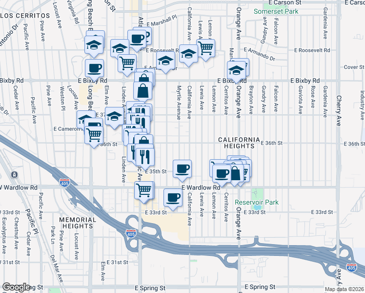 map of restaurants, bars, coffee shops, grocery stores, and more near 3590 Myrtle Avenue in Long Beach