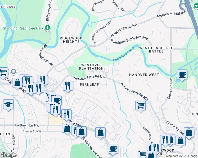 map of restaurants, bars, coffee shops, grocery stores, and more near 2564 Defoors Ferry Road Northwest in Atlanta