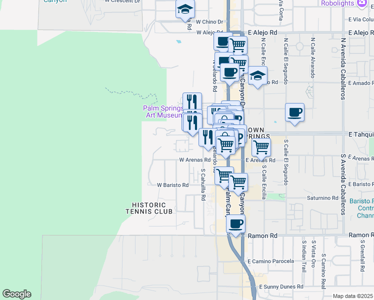 map of restaurants, bars, coffee shops, grocery stores, and more near 392 Villaggio South in Palm Springs