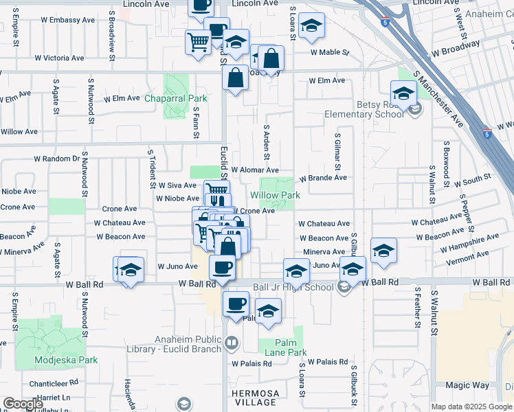 map of restaurants, bars, coffee shops, grocery stores, and more near 1645 West Crone Avenue in Anaheim