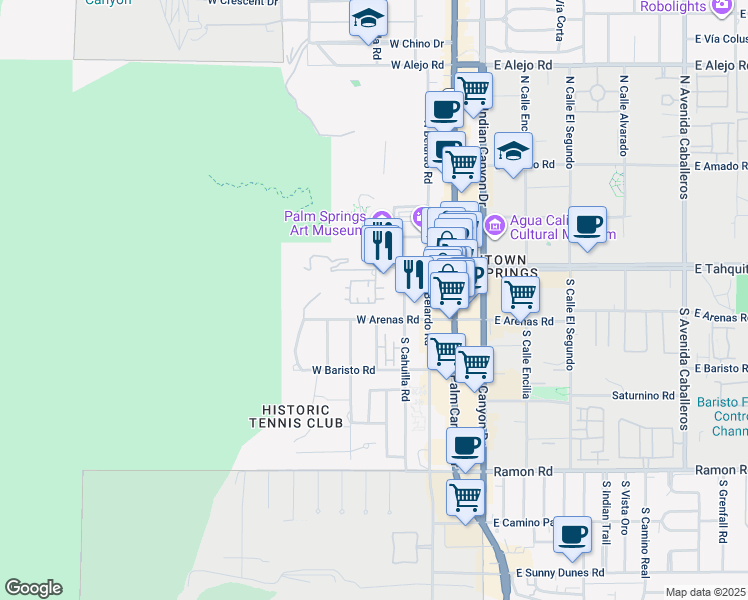 map of restaurants, bars, coffee shops, grocery stores, and more near 392 Villaggio South in Palm Springs