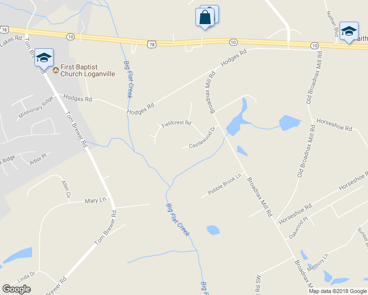 map of restaurants, bars, coffee shops, grocery stores, and more near 3135 Castlewood Drive in Loganville