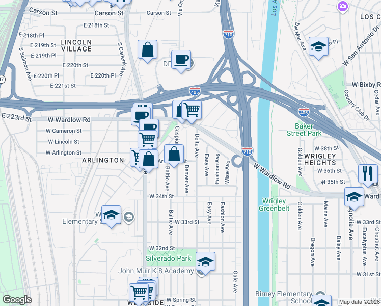 map of restaurants, bars, coffee shops, grocery stores, and more near 3616 Denver Ave in Long Beach