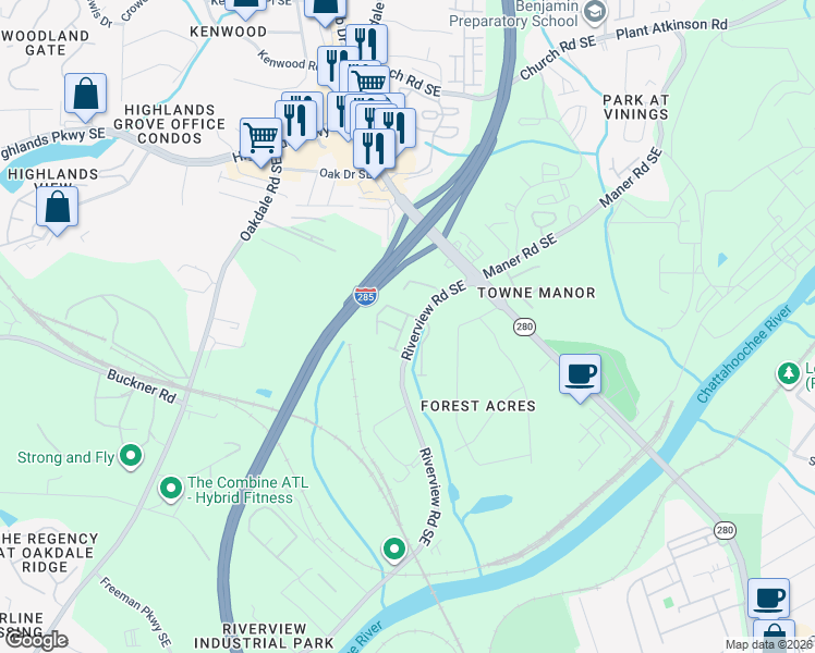 map of restaurants, bars, coffee shops, grocery stores, and more near 5317 Concordia Place in Mableton