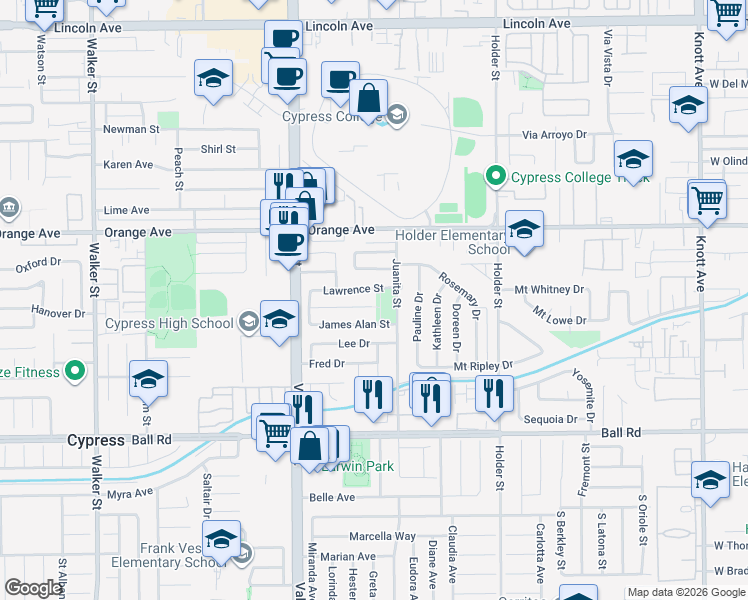 map of restaurants, bars, coffee shops, grocery stores, and more near 6175 Jeffrey Mark Street in Cypress