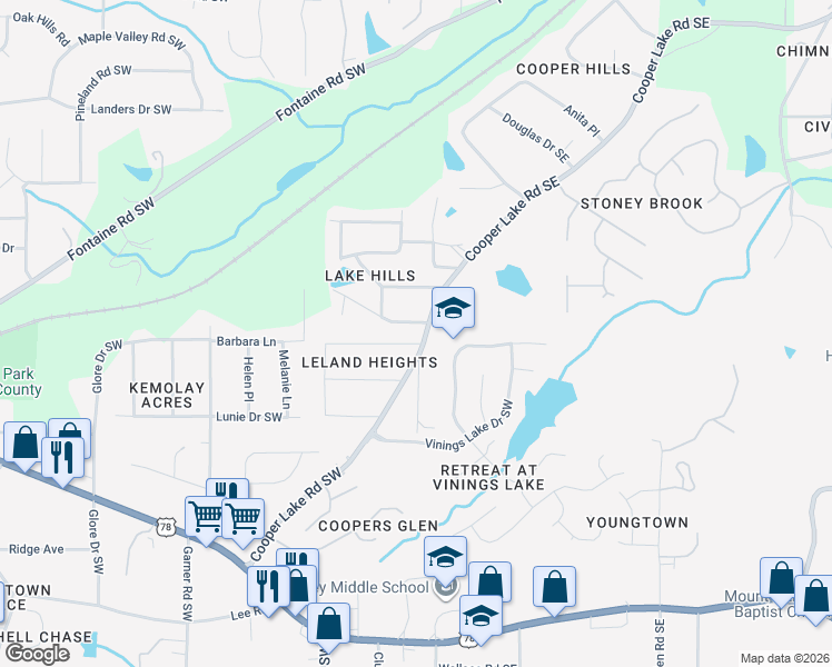 map of restaurants, bars, coffee shops, grocery stores, and more near 32 Strickland Dr SW in Mableton
