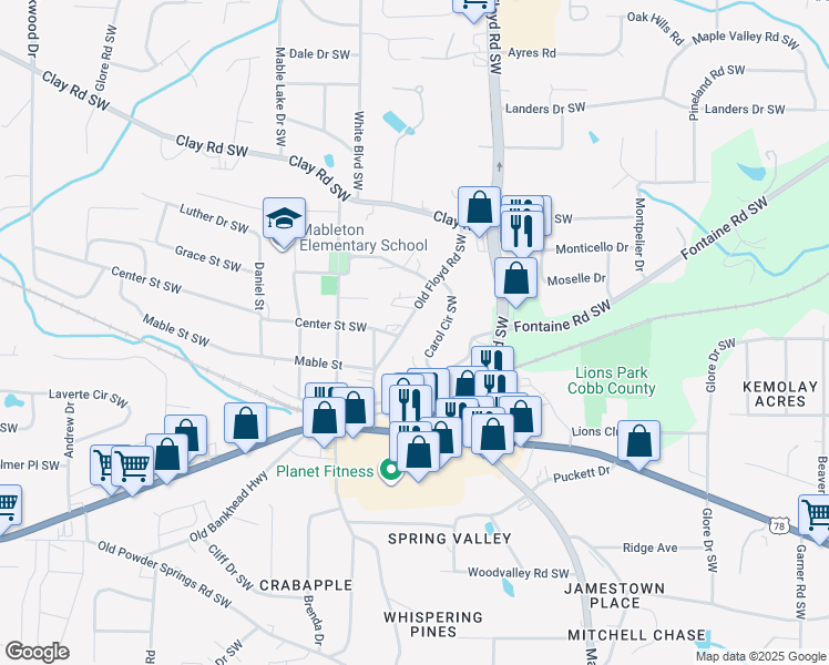 map of restaurants, bars, coffee shops, grocery stores, and more near 5425 Old Floyd Road Southwest in Mableton