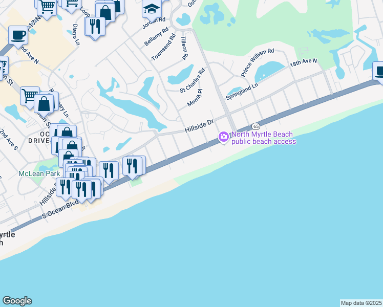 map of restaurants, bars, coffee shops, grocery stores, and more near 706 South Carolina 65 in North Myrtle Beach
