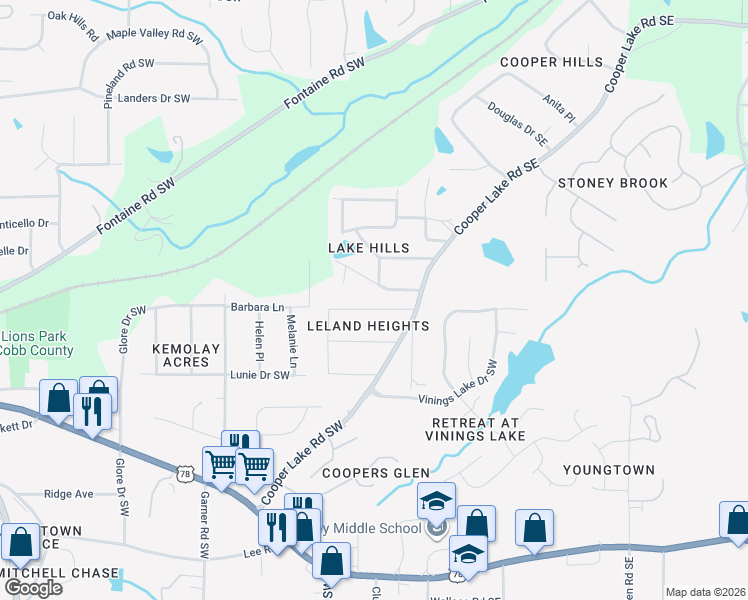 map of restaurants, bars, coffee shops, grocery stores, and more near 90 Strickland Drive Southwest in Mableton