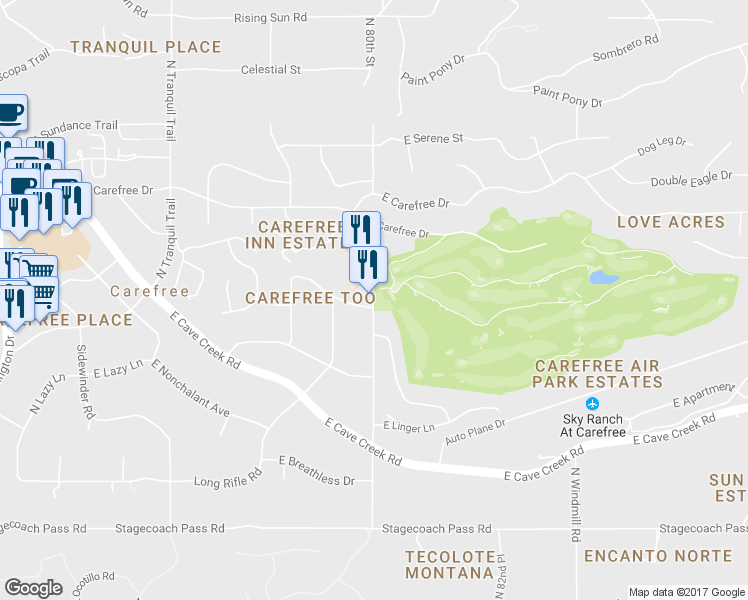 map of restaurants, bars, coffee shops, grocery stores, and more near 37001 North Mule Train Road in Carefree