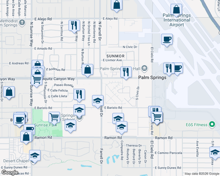map of restaurants, bars, coffee shops, grocery stores, and more near 120 Vibe Way in Palm Springs