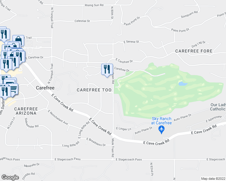 map of restaurants, bars, coffee shops, grocery stores, and more near 37010 North Mule Train Road in Carefree