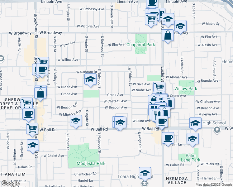 map of restaurants, bars, coffee shops, grocery stores, and more near 725 South Hacienda Street in Anaheim