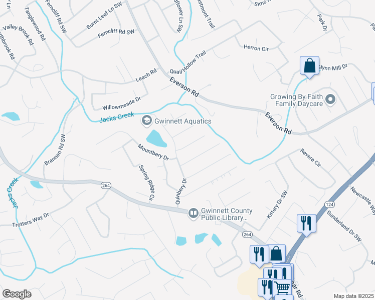 map of restaurants, bars, coffee shops, grocery stores, and more near 3800 Menloe Way in Snellville