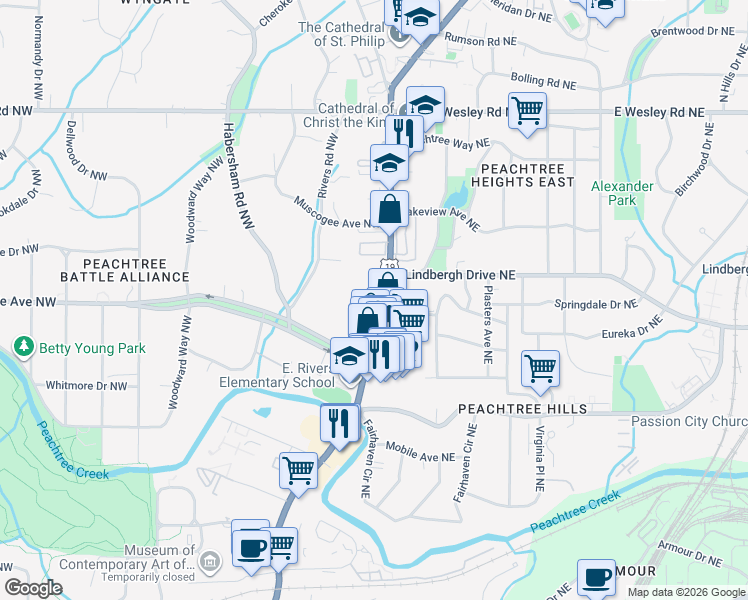map of restaurants, bars, coffee shops, grocery stores, and more near 2460 Peachtree Road in Atlanta
