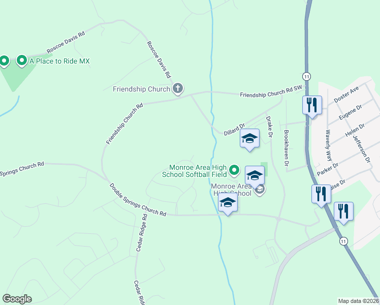 map of restaurants, bars, coffee shops, grocery stores, and more near 2103 Sourwood Court in Monroe