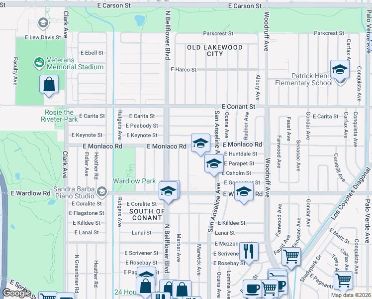 map of restaurants, bars, coffee shops, grocery stores, and more near 5542 East Monlaco Road in Long Beach