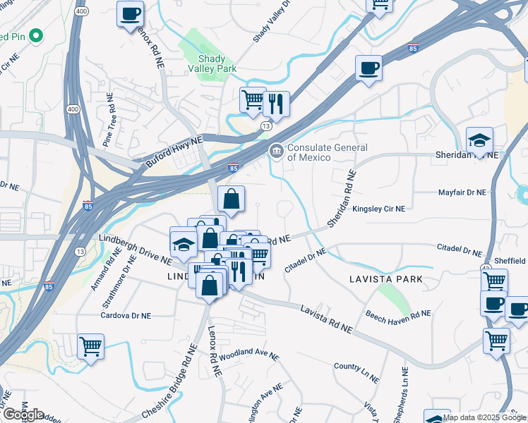map of restaurants, bars, coffee shops, grocery stores, and more near 2469 Elizabeth Ann Lane Northeast in Atlanta