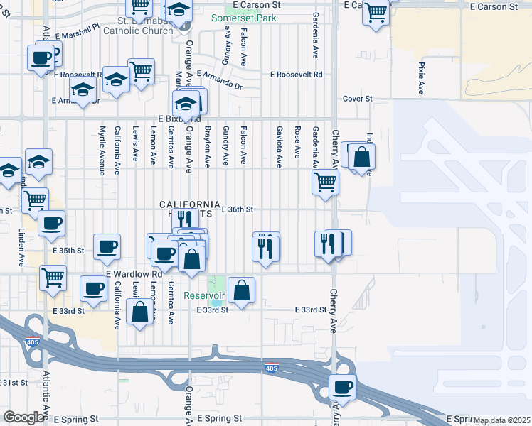 map of restaurants, bars, coffee shops, grocery stores, and more near 3590 Walnut Avenue in Long Beach