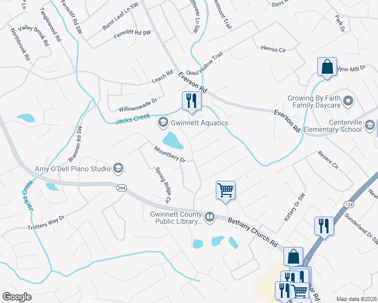 map of restaurants, bars, coffee shops, grocery stores, and more near 2883 Quinbery Drive in Snellville