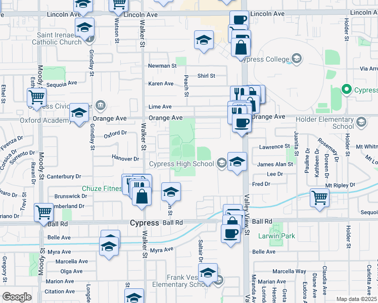 map of restaurants, bars, coffee shops, grocery stores, and more near 9600 Graham Street in Cypress