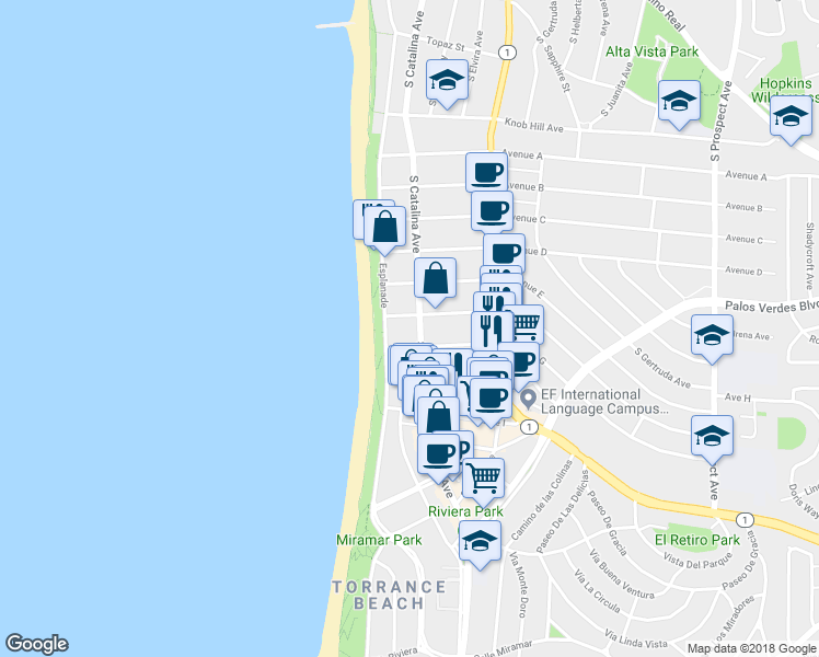 map of restaurants, bars, coffee shops, grocery stores, and more near 1405 South Catalina Avenue in Redondo Beach