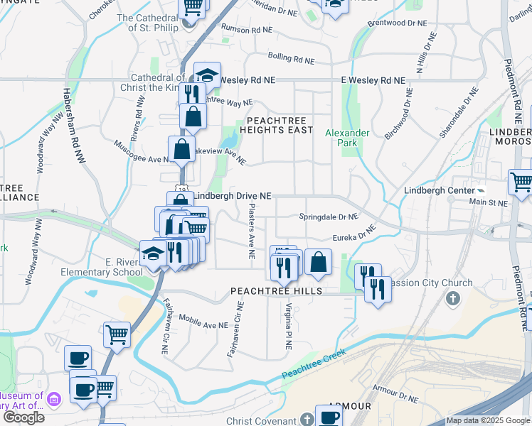 map of restaurants, bars, coffee shops, grocery stores, and more near 158 Springdale Drive Northeast in Atlanta